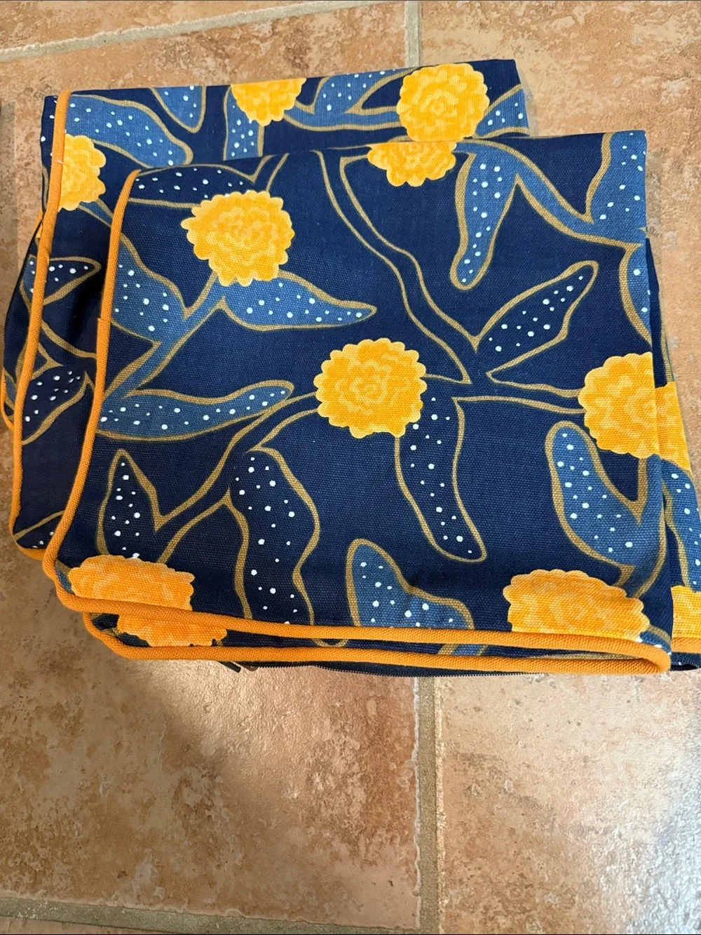 Navy Blue Floral Yellow Flower Print pillow cover, full.